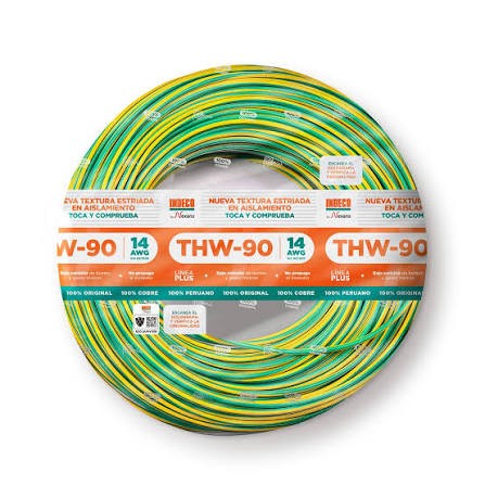 CABLE ELECTRICO 14 AWG 750V PVC COLOR AMAR/VERDE THW-90+ PLUS (METRO)- INDECO