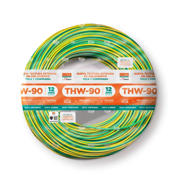 CABLE ELECTRICO 12 AWG 750V PVC COLOR AMAR/VERDE THW-90+ PLUS (METRO)- INDECO